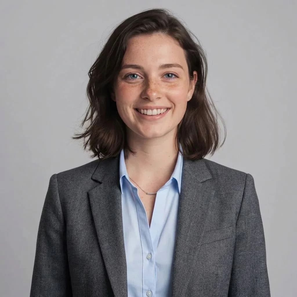 The same woman wearing a gray business suit instead of a white t-shirt