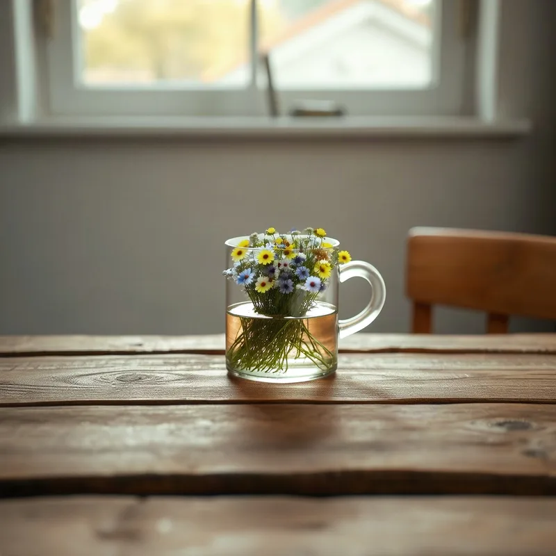 The same photo after AI replace — the mug is now a glass vase full of fresh wildflowers, matched to the light