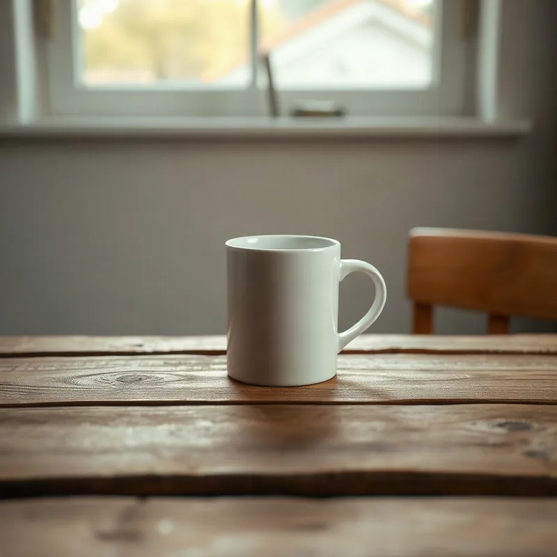 A plain white mug on a wooden table
