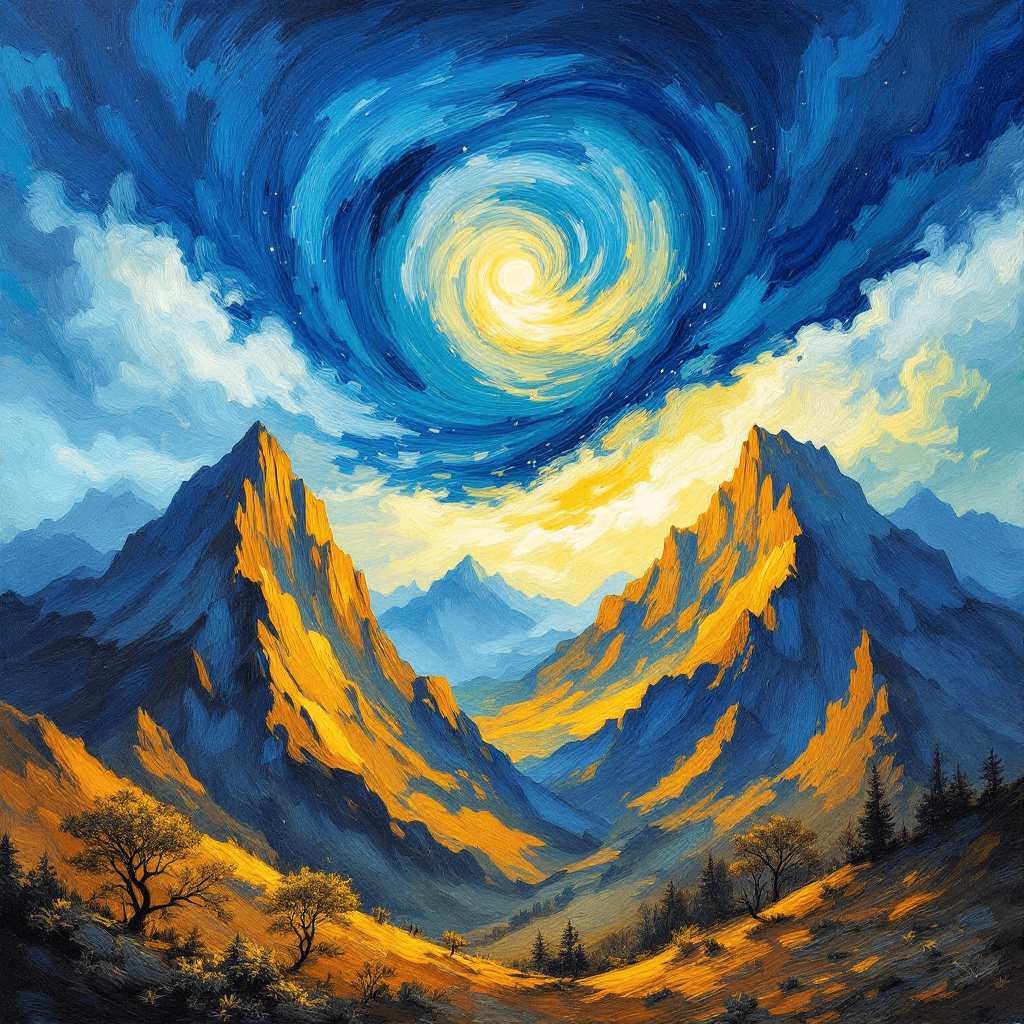 AI Mystical Mountains Under the Swirling Sky Image