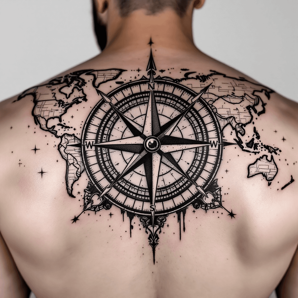 AI Compass Tattoo Design: Black and White World Map Art Image