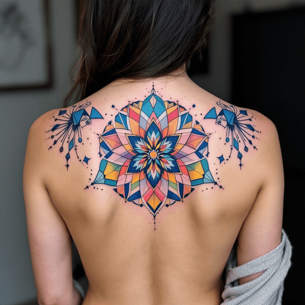 AI Symmetrical Mandala-Inspired Geometric Tattoo Design for Upper and Mid Back Image