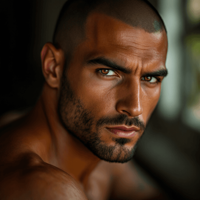 Intense Gaze: Realistic Portrait of a Shaved Head Man