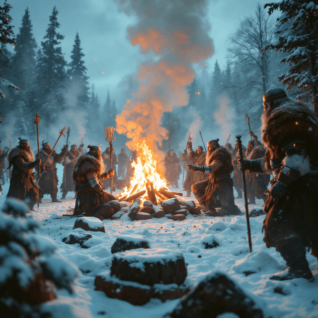 Winter Revelry: Vikings in Celebration Around Yule Bonfires
