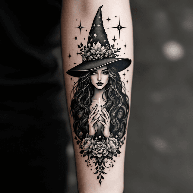 Enchanting Black and Gray Witch Tattoo Design