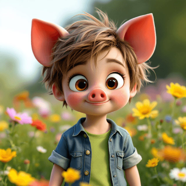 Whimsical 3D Animated Character: Adorable Child with Pig-Like Features in a Sunny Meadow