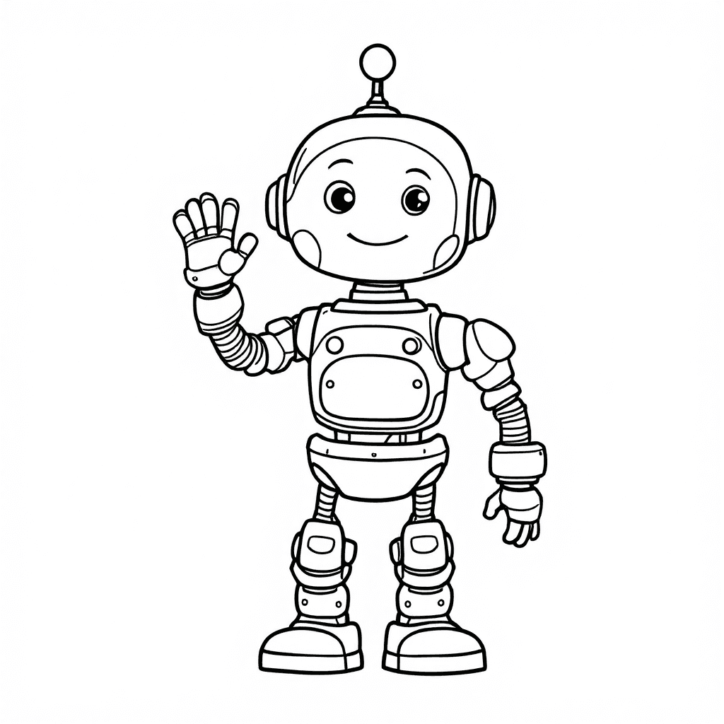 AI Friendly Robot Waving Coloring Page Image