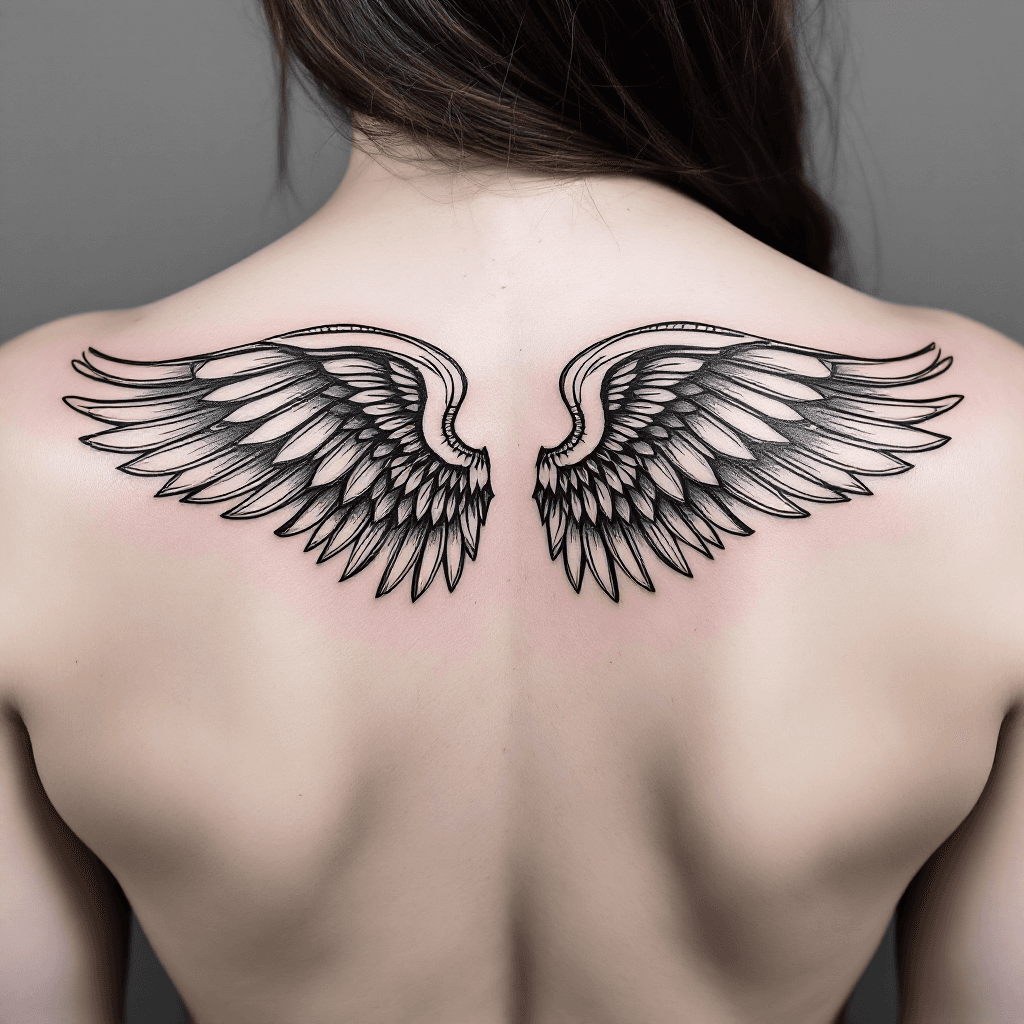 AI Ethereal Black and White Angel Wings Tattoo Design Image