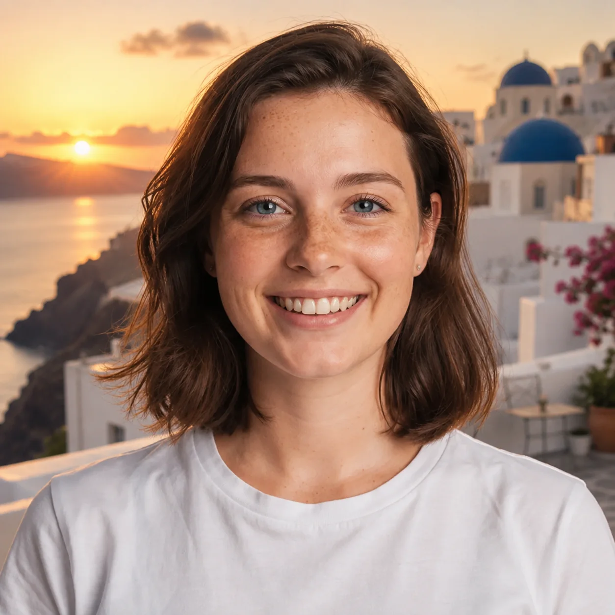 The same woman on an aspirational Santorini rooftop at sunset after an AI background change