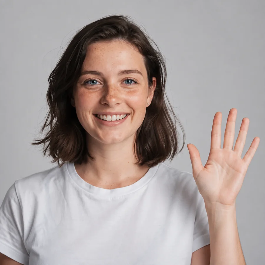 The same person turned to the side and waving after an AI pose change