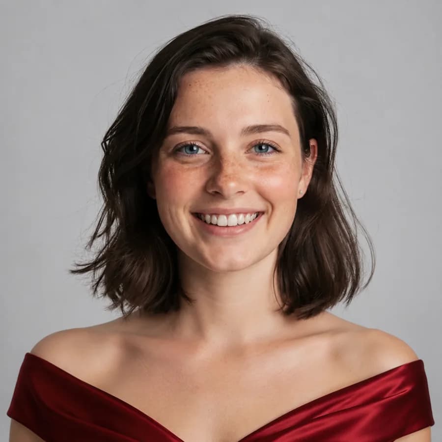 The same woman styled in an elegant red evening dress after an AI outfit change