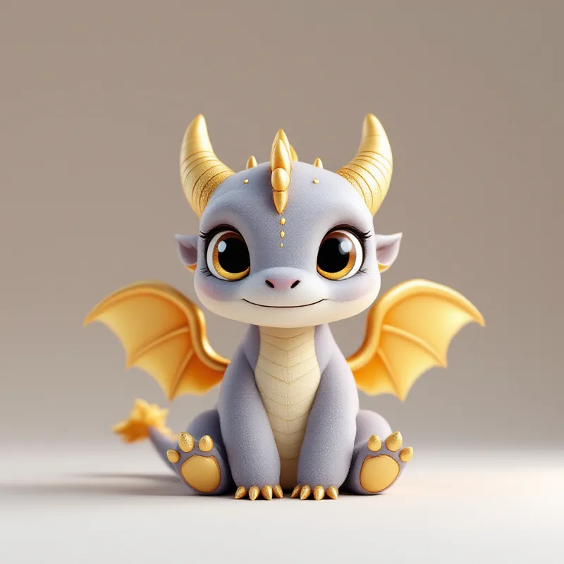 Adorable Plush Baby Dragon 3D Model with Golden Wings