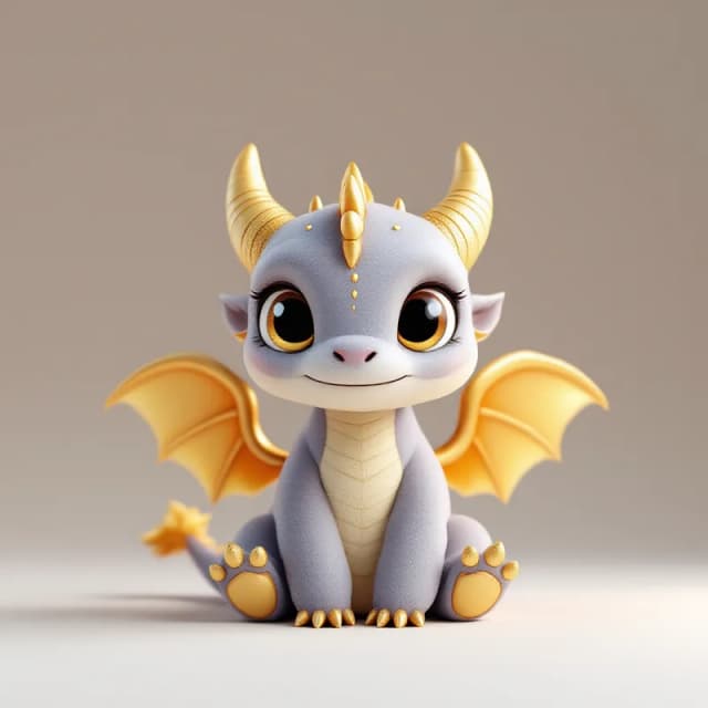 Adorable Plush Baby Dragon 3D Model with Golden Wings