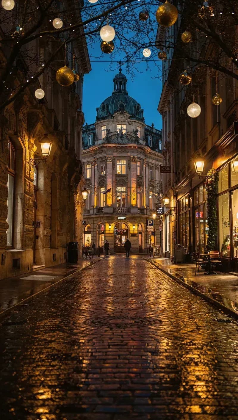 Enchanted Blue Hour: A Cobblestone Lane Perspective