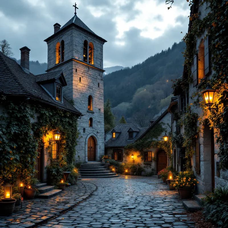 Enchanted Dusk in a Medieval Village