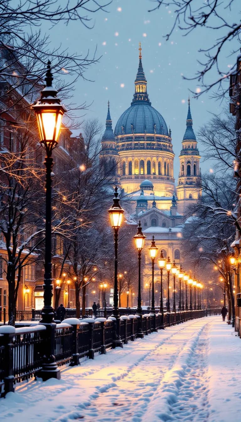 Enchanting Winter Evening in a Snow-Covered City