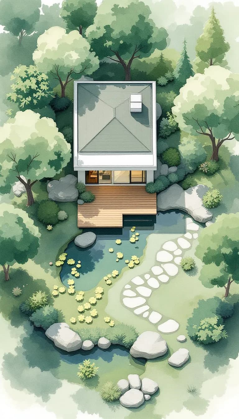 Tranquil Zen Garden: A Watercolor Architectural Illustration