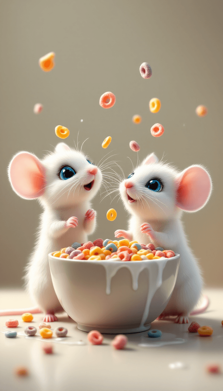 Whimsical Playtime: Fluffy Mice and Colorful Cereal