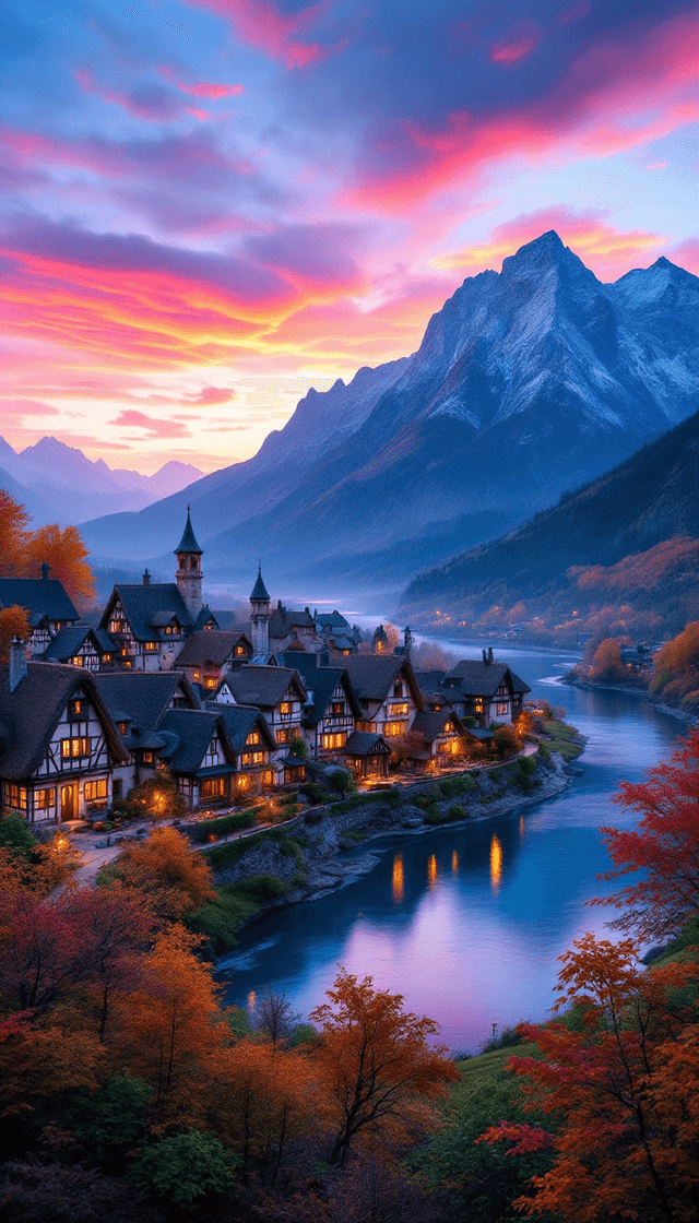 Enchanting Sunset Over a Rustic Medieval Village