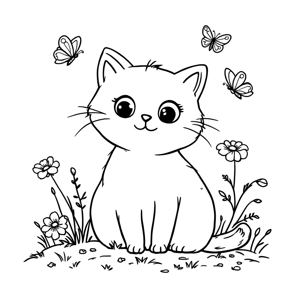 Adorable Cat in a Flower Garden Coloring Page