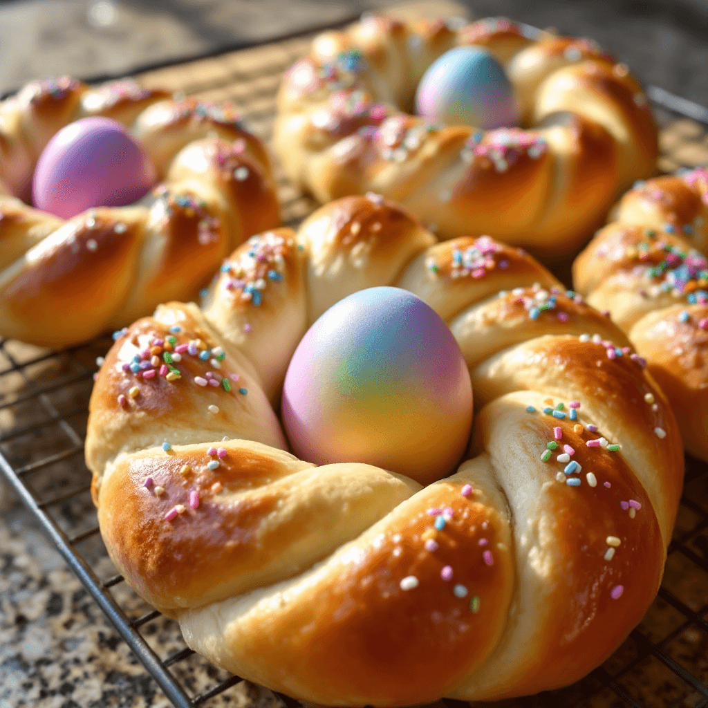 Festive Italian Easter Wreath Breads with Pastel Eggs