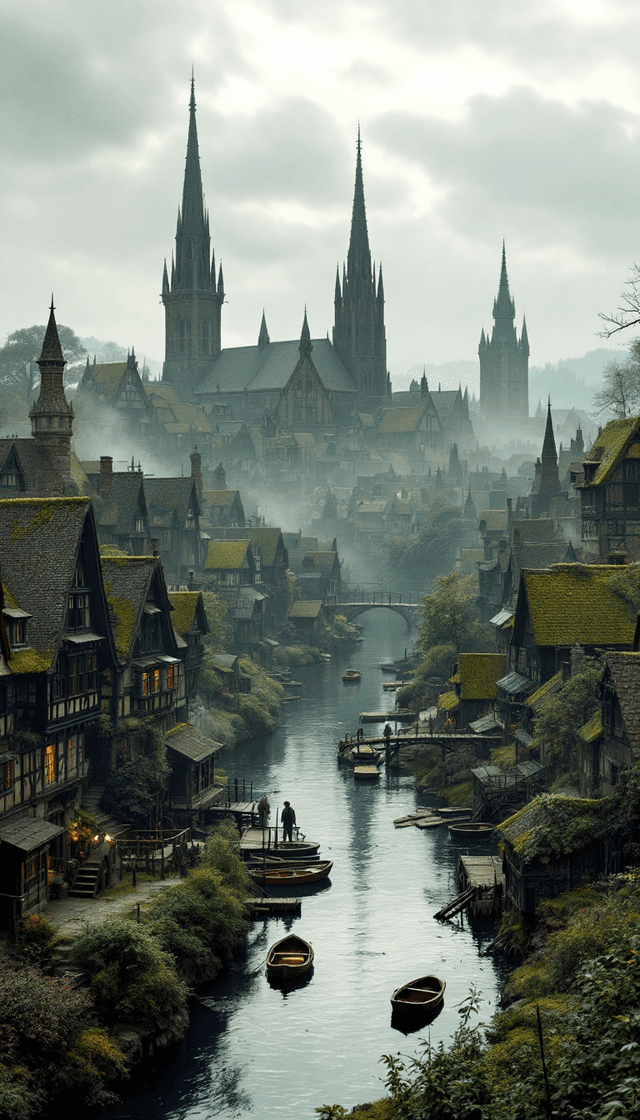 Enchanted Medieval Village by the Waterway