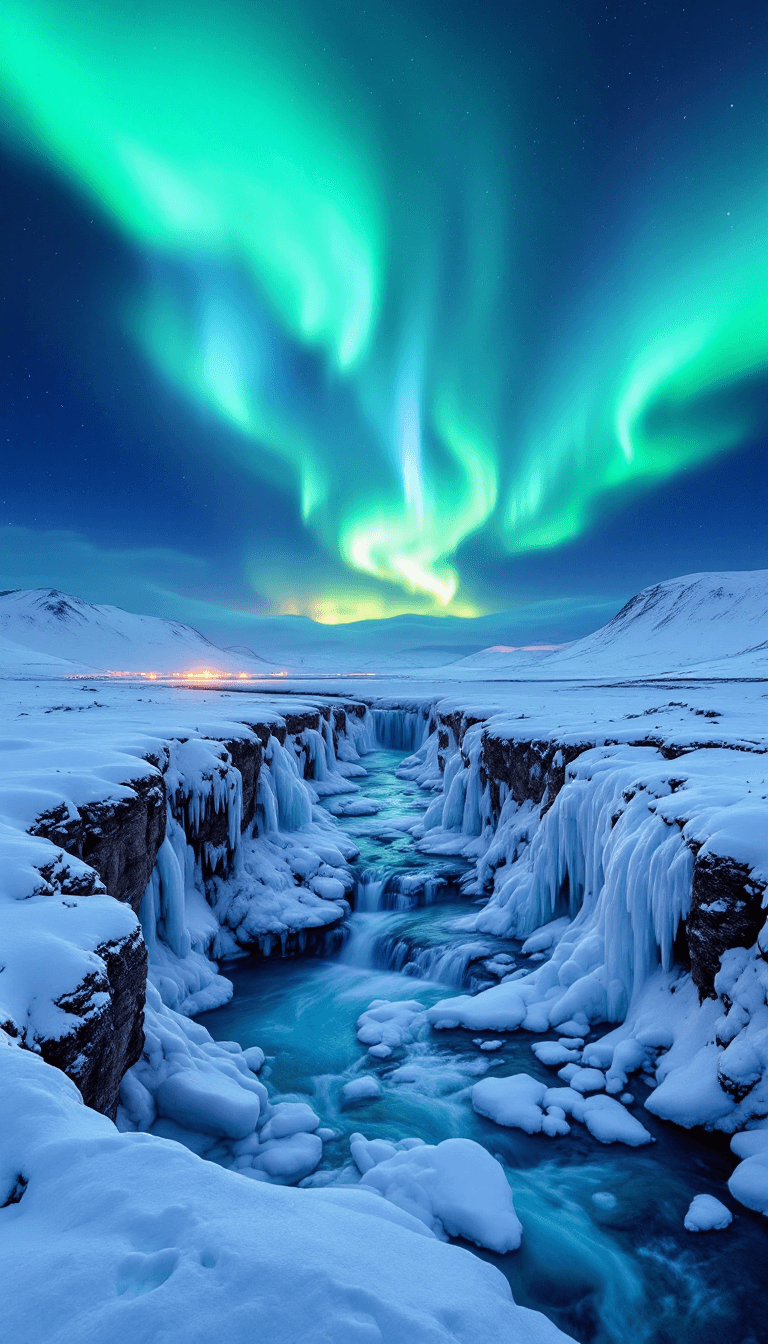 Arctic Winter Wonderland: A Frozen Waterfall Under the Auroras