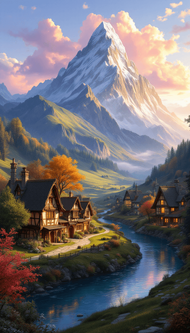 Enchanted Village at Sunset: A Fantasy Landscape