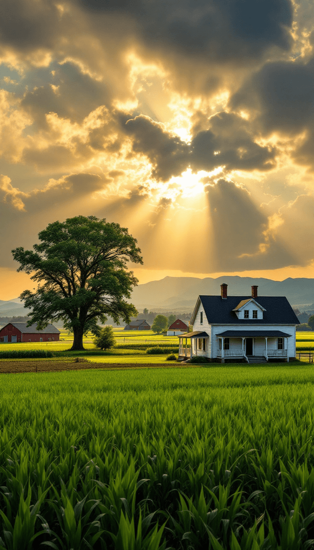 Tranquil Farmhouse Retreat Under a Golden Sky