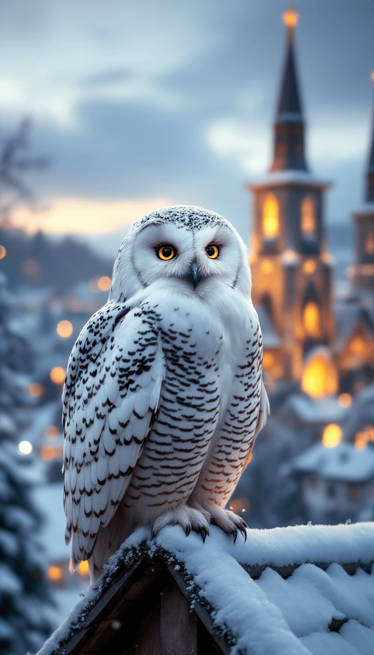 Twilight Serenity: A Snowy Owl's Watch Over a Winter Village