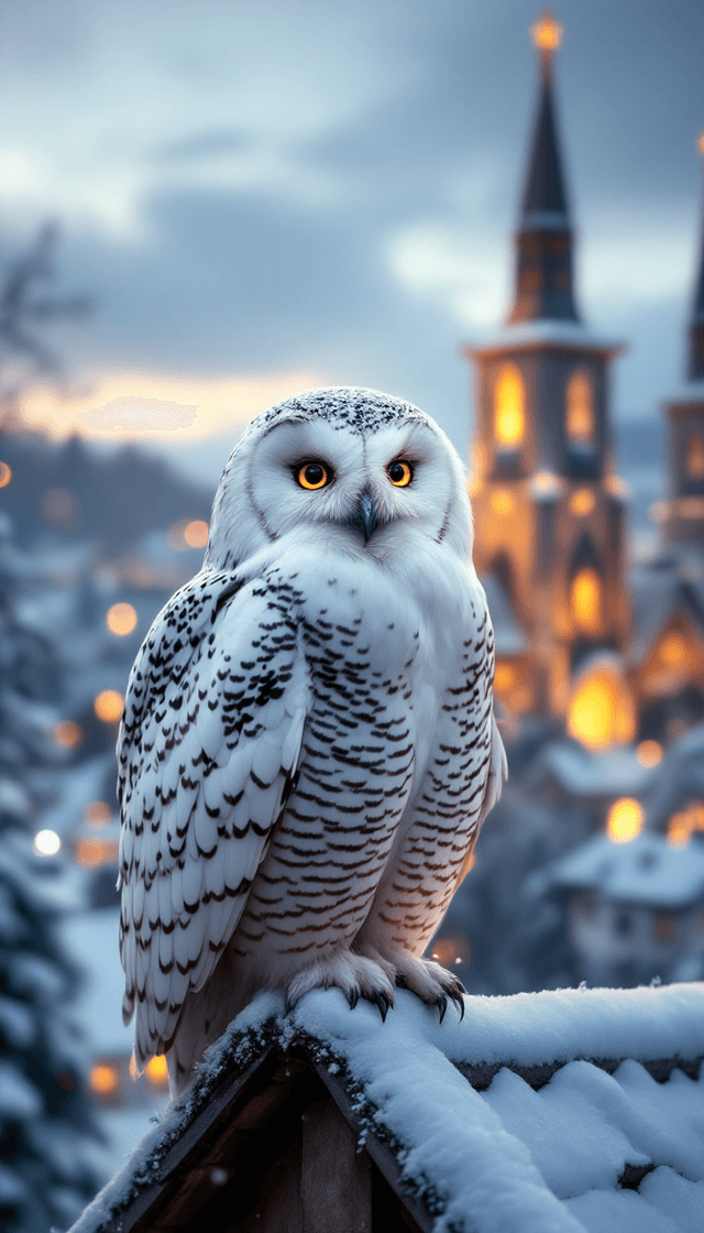 Twilight Serenity: A Snowy Owl's Watch Over a Winter Village