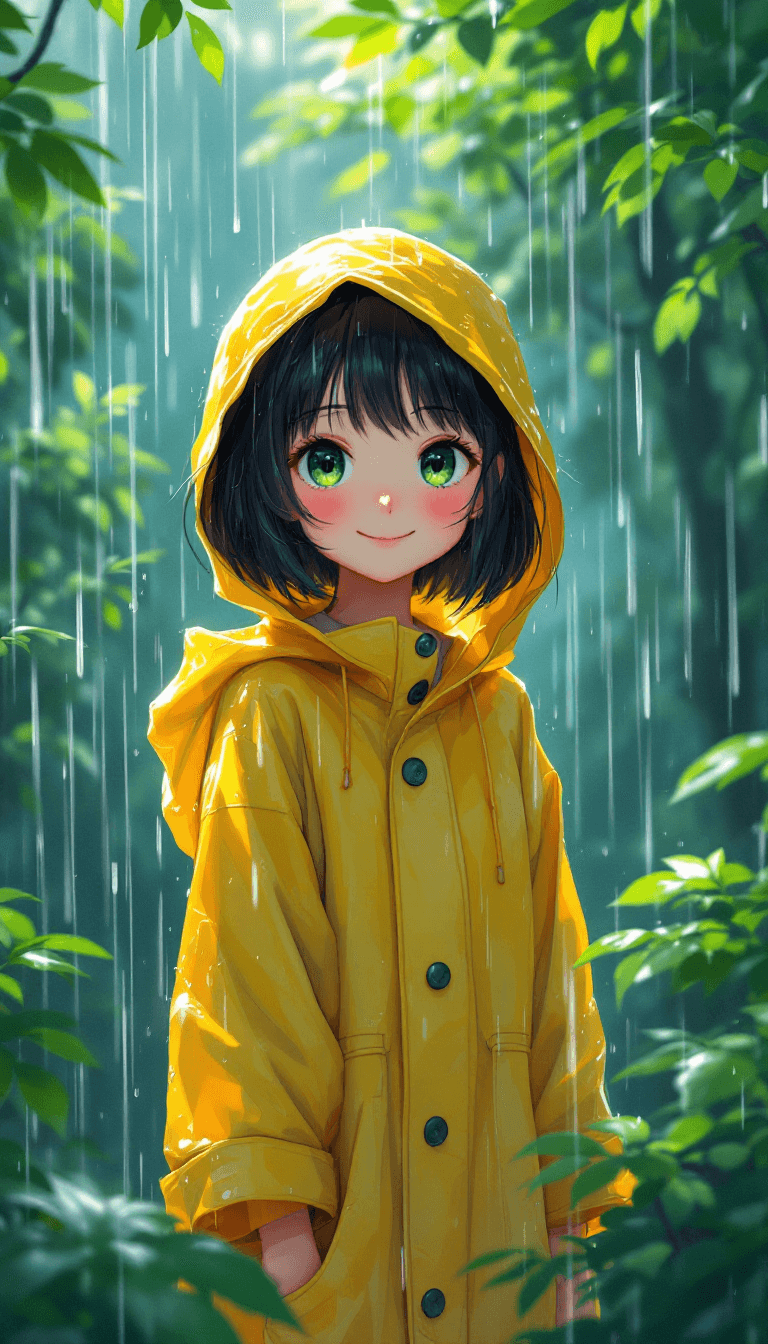 Rainy Day Serenity: A Young Girl in Nature's Embrace