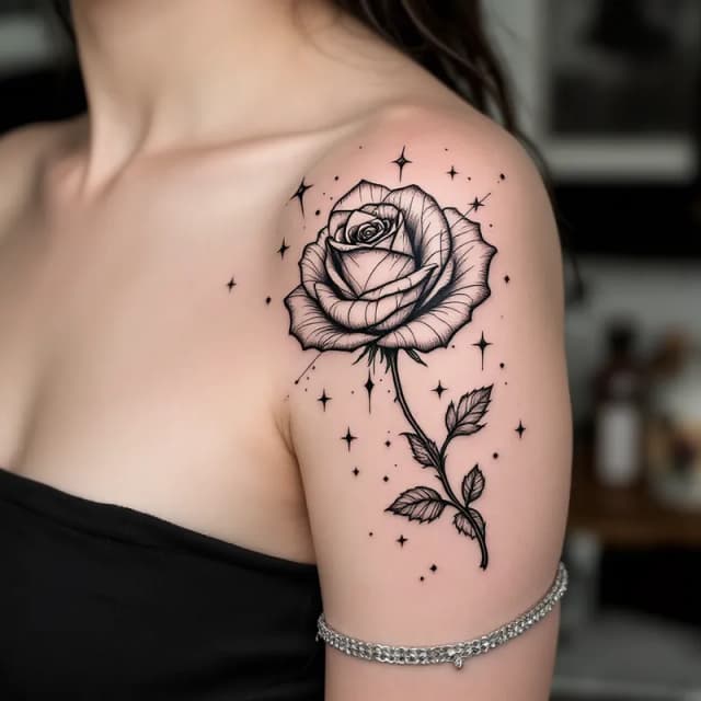 Elegant Black and Gray Rose Tattoo with Geometric Accents