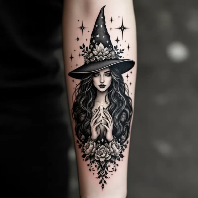 Enchanting Black and Gray Witch Tattoo Design