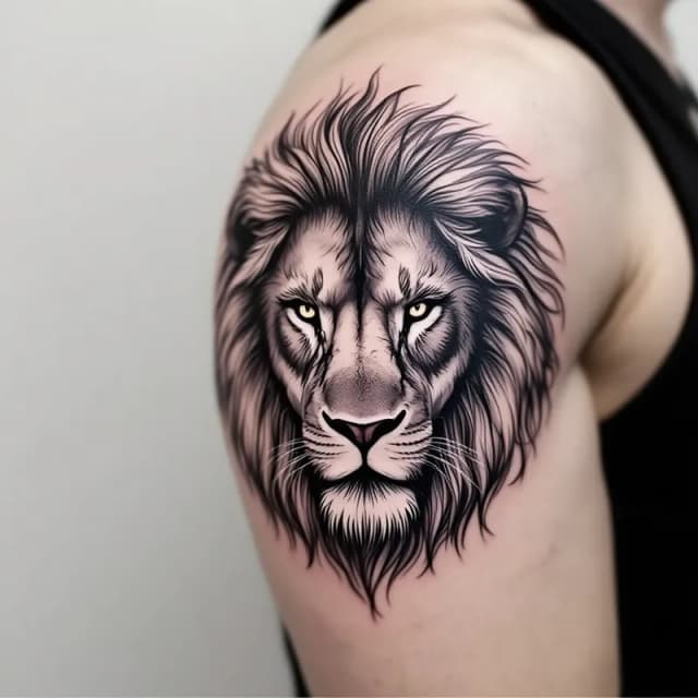 Majestic Black-White Lion Head Tattoo Design