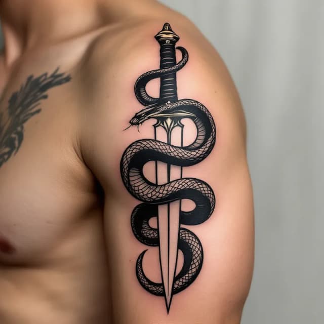 Serpentine Elegance: Black-White Tattoo Design of a Snake and Dagger