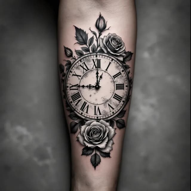 Timeless Elegance: A Black and White Clock Tattoo with Roman Numerals and Roses