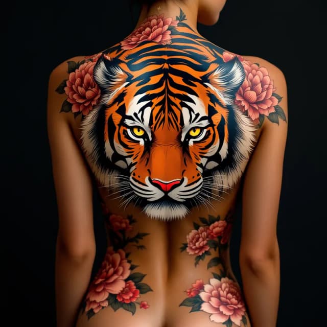 Majestic Tiger Back Tattoo with Peonies and Wind Bars