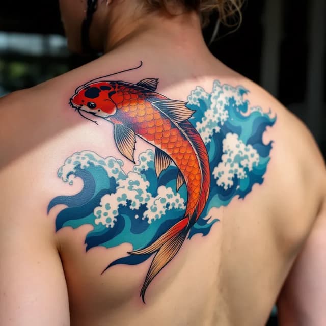 Striking Koi Fish Tattoo Design with Dynamic Blue Waves