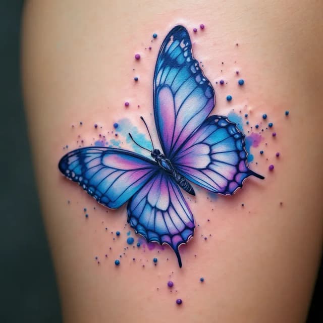 Vibrant Blue and Purple Butterfly Tattoo Design with Watercolor Splashes