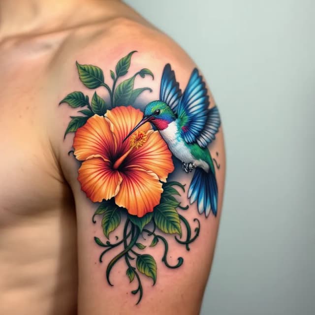 Vibrant Hummingbird Tattoo Design with Floral Accents
