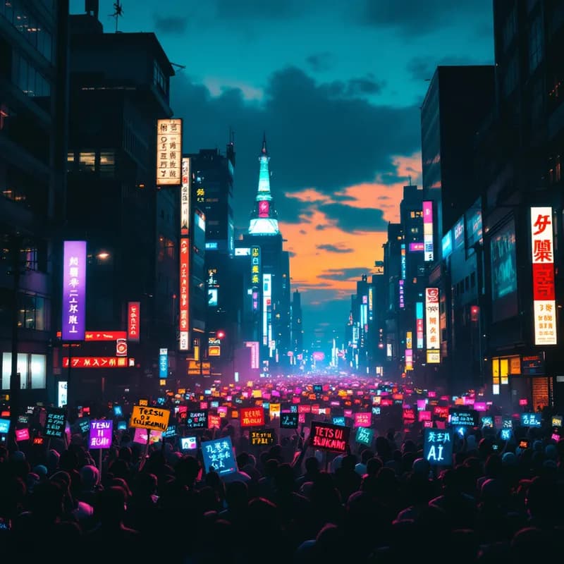 Neon Uprising: A Cyberpunk Protest Against AI Governance