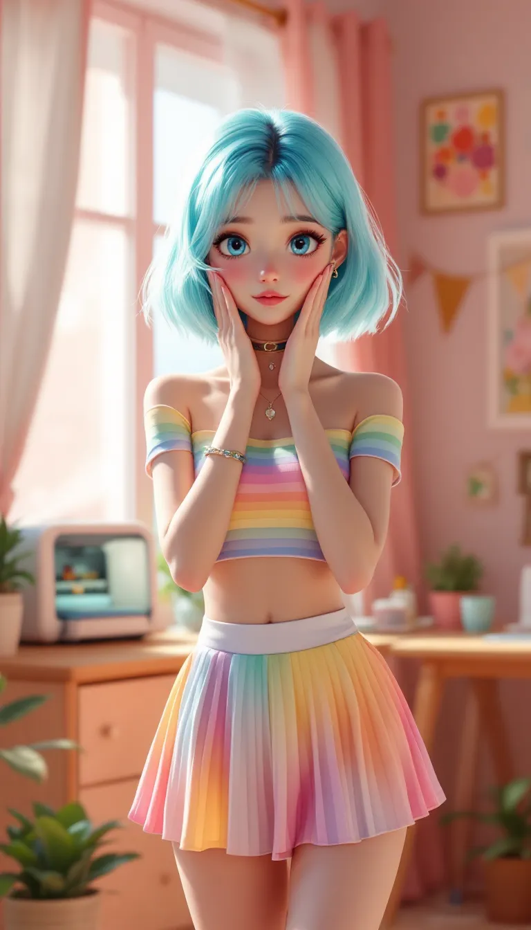 Cheerful Anime Girl in a Cozy Pastel Room