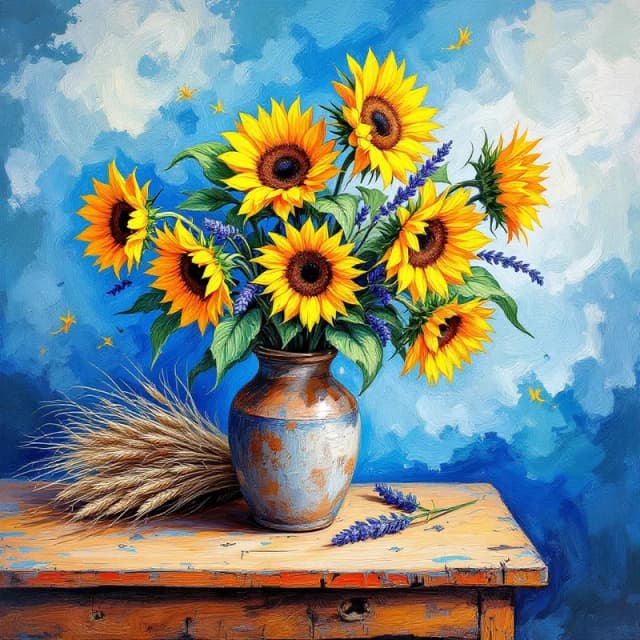 Rustic Charm: Sunflowers in a Wooden Vase